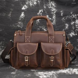 Briefcases High Quality Men's Briefcase Vintage Designer Simple Multi Pocket Genuine Leather Office Laptop Bag