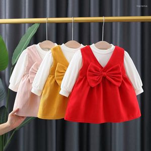 Kläder sätter barndukar Baby Girl's Sweet Princess Suit Spädbarn långärmad t-shirt båge övergripande klänning 2 st barn