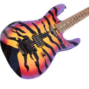 LVYBEST Electric Guitar Custom Black Tiger Stripe Yellow med Dot Inlay och Flyod Rose Tremolo