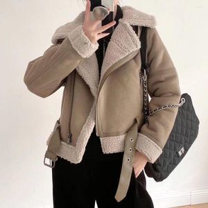 Women's Down Women's 2022 Winter Fashion Two Tone Lamb Wool Biker Jacket Vintage Thick Warm Long Sleeve Zipper Female Outerwear Chic Top