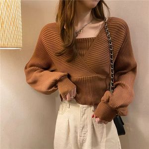 QNPQYX Nya stickade sk￶rdtr￶jor Kvinnavdragen Vintage Casual Design Knit Topps 2023 Autumn Solid Korean Fashion Fake Two-Piece