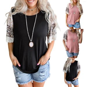 Kvinnors T -skjortor Hock Neck Tee Shirt Womens Short Sleeve Top Leopard Print ColorBlock Lace Hem Summer Crep Compression Women