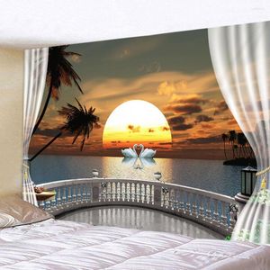 Tapestries Bedroom Decor Aesthetic Tapestry 3D Imitation Window Forest Lake Landscape Wall Hanging Home Living Room Dorm Cute Blanket