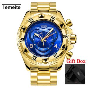 Relogio Temeite 2018 Новые Quartz Watch Mens Fashion Creative Heavy Водонепроницаемые наручные часы роскошные золотые голубые стальные Masculino194y