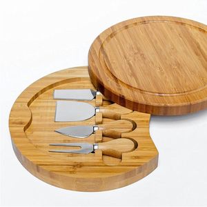 Bambu mutfak aletleri peynir tahtası ve bıçak seti yuvarlak charcuterie levhalar döner et tabağı tatil evine taşınma hediyesi rra709