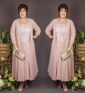 Pink Mother Blush of Bridal Dresses with Jacket Long Sleeves Ankle Length Tulle Lace Scoop Neck Formal Ocn Wear Evening Gowns Plus Size