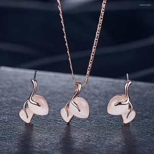 Necklace Earrings Set Women Leaf Heart Faux Opal Twist Pendant Stud Bridal Jewelry