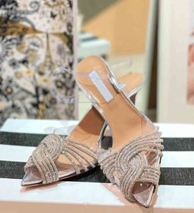 Lüks Tasarım Kadın Pompa Elbise Ayakkabı Yaz Sandal Yüksek Topuklu Slingback Ayakkabı Pvc ve Boncuklu Stiletto Topuk Strass Sivri Ayak Tip İnce Kutu ile