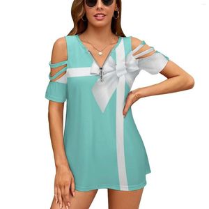 Women's T Shirts Blue Gift Box White Bow Women'S T-Shirt Fashion Printed Zipper V-Neck Short Sleeve Casual Plus Size Aqua Teal Co S