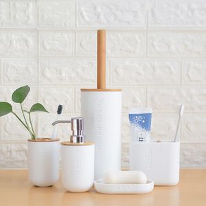 Bath Accessory Set Bamboo Six-Piece Cleaning Tool Toilet Brush Toothbrush Holder Cup Soap Lotion Dispenser Bathroom Accessories