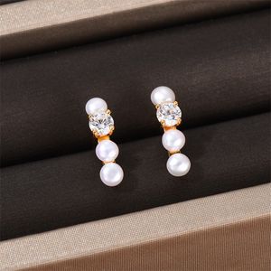 French Small Pearl Earrings Women's One Character Vertical Bar Natural Pearl Zircon S925 Silver Needle Exquisite Fashion Jewelry