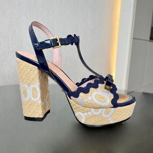 Lafite 織りサンダル高級デザイナーのドレスシューズ刺繍装飾アンクルストラッププラットフォームパンプス分厚いハイヒール Sandal12CM 高