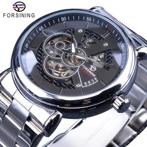 ForSining Steampunk Black Silver Mechanical Watches for Men Silver rostfritt stål Lysande händer Design Sport Clock Male336V