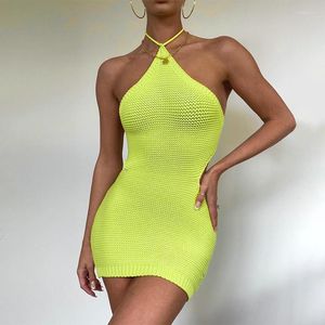 Women's Swimwear Beach Clothes Women 2022 Dress For Cover Up Ins Summer Sexy Neck Hung Tether Backless Knit Solid Spandex Swim Wear Swimsuit