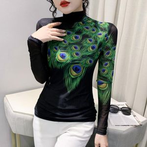 Women's T Shirts #8339 Mesh Tryckt skjorta Kvinnor Black Turtleneck T-shirt damer Vintage Sexig perspektiv Långärmad tät stretch thirt