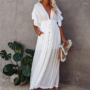 Menas de banho feminina Concobrições de biquíni sexy Longo vestido de praia de túnica branca de túnica