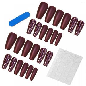 Yanlış Tırnaklar 24tips/Set Charming Wine Red Long Bale Giyilebilir Sahte Kafa Tam Kapak Çıkarılabilir Bitmiş Tırnaklar