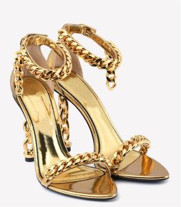 العلامة التجارية الفاخرة Tom-f-sandal locklock sandal women عالية الكعب أحذية مرآة جلدية سلسلة الارتباط مفصلة 105mm كعب الصنادل رباط الكاحل مضخات مع مربع