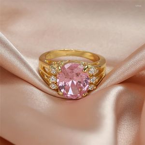 Wedding Rings Cute Female Pink Oval Crystal Ring Vintage Yellow Gold Color For Women Luxury Big Bride Engagement