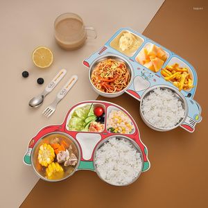 Geschirr Sets Edelstahl Auto Baby Mahlzeit Teller Beilage Schüssel Kreative Cartoon Anzug Kinder Löffel Trennung Kunststoff Tablett Dinnerwar