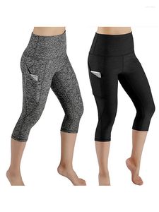 Leggings da donna 3/4 Pantaloni da yoga Pantaloni Capri da donna al polpaccio Sport Fitness Palestra Leggins a vita alta Goccia nera