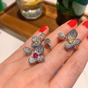 Cluster Rings Leaves Flower Pink Crystal Cubic Zirconia Adjustable Opening Accessories Engagement For Women Jewelry Gift