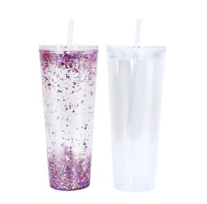 24oz double walled snow globe acrylic tumblers with flat lid straw clear plastic drinking beverage cup with hole to fill glitter RRA681