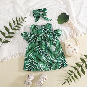 Kız Elbiseler Yaz yürümeye başlayan çocuk bebek tropikal baskı elbisesi kafa bandı kısa kollu yeşil bitki plaj giyim 1 2 3 4 yıl