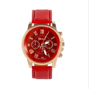 Três subidiais Red Watch Retro Genebra Student Watches Womens Quartz Trend Watch com banda de couro 2559