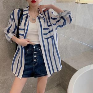 Women's Blouses EWSFV 2022 Summer Navy Blue Striped Mid Length Loose Suntan Shirt Is Stylish Versatile Back Long Sleeve Blouse