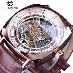 Forsining Brown Genuine Leather Fashion Royal Luxury Rose Golden Transparent Skeleton Men Automatic Mechanical Watches Top Brand302E