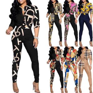 Women's Two Piece Pants 2023 Fashion Women Chic Set High Waist Outfits Letter Print Colorblock Knot Front Buttoned Top