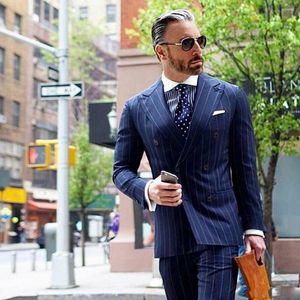 Men's Suits Navy Blue Pinstripe Business Men Tailor-Made Double Breasted Jacket With Pants Slim Fit Office Worker Trajes De Hombre