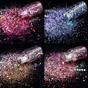 Nagelglitter 30 ml/flaskkameleonpulver hexagon chunky holografisk blandningsstorlek för kropp/ögon/ansiktstillbehör