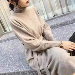 Casual Dresses Turtleneck Knit Sweater Dress Women 2022 Autumn Winter Outfit Cashmere Warm Loose With Belt Tunic Midi Pullover