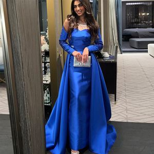 Blue Satin Sheath Evening Dress With Detachable Train Beadeds Off the Shoulder Celebrity Gown Long Sleeve