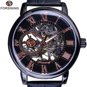 Forsining Black Bezel Roman Roman Display Hollow Gravings Relógios Men Top Brand Brand Luxury Skeleton Watch Relógio Relógio Watch268H