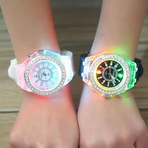rhinestone Luminous 11 color led watches usa fashion trend of male and female students couple jelly Geneva Transparent Case Silica261Y