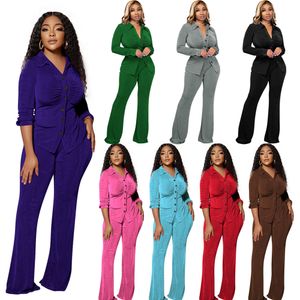 Designer Velvet Women Clothes Fall Winter Tracksuits Långärmad skjorta Flare Pants Två stycken Set Solid Velor Outfit Casual Wholesale Bulk Clothing 9058