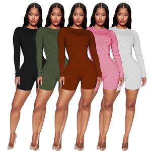 2024 Designer Women Rompers Sexiga solida enstycken Outfits kläder Bodycon Ribbed bodysuits Lång ärm Jumpsuits Shorts Wholesale Spring Höstkläder 9064