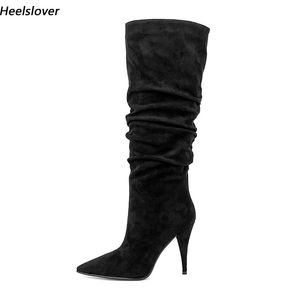 Heelslover Handgefertigte Damen-Winter-Kniestiefel aus Wildlederimitat mit Spike-Absätzen, spitzer Zehenbereich, elegante schwarze Partyschuhe für Damen, US-Größe 5–13