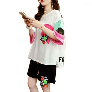 Women's Tracksuits Casual Fashion Suit Female 2022 Summer Loose Fat MM Large Size Stitching Short-Sleeved Top And Shorts Two-Piece Set