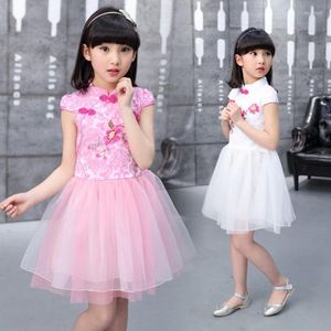 Flickaklänningar kinesisk stil barn traditionell cheongsam kostym klänning flickor vit rosa blommor qipao topp porslin prinsessan fest elegant