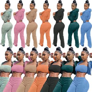 Designer Velvet Tracksuits Fall Winter Women 3 Pieces Sets Long Sleeve Sweatsuits Casual Hooded Jacket Tank Top and Pants Outfits Velour Jogger Suits Clothes 8830