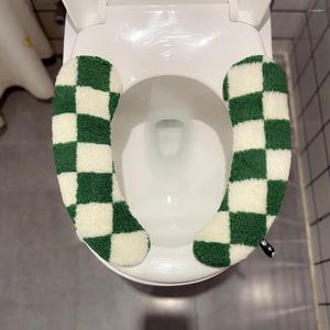 Toalettstol t￤cker retro tecknad gr￶n checkerbr￤da t￤cker badrum plysch mjuk varm wc kudde ram