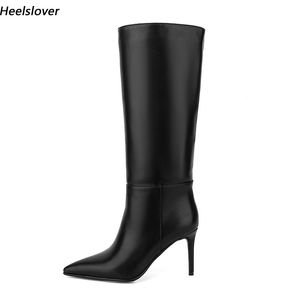 Heelslover New Fashion Women Winter Mid Calf Boots Thin High Heels مدببة بأحذية نادي أسود أنيقة سيدات الولايات المتحدة 5-15