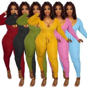 2024 Designer Ribbed Jumpsuits Women Fall Winter Clothes Sexig Deep V One-Pieces Bodysuits Mantelbälten Rompers Pants Elastic BodyCon Overall Partihandel 8785