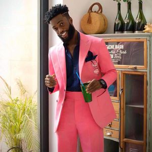 Pink Groomsmen Wedding Tuxedos Slim Fit Mens Suits 2 sztuki Zestawy Blazery szczytowe Lapel Formal Suib z kurtką i spodniami