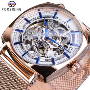 ForSining Rose Gold Mechanical Men armbandwatch Creative Square Transparent Business Steel Mesh Band Sports Automatic Watches Gift306Q