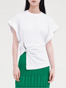 Women's T Shirts Women Irregular Tshirt Short Sleeve All-Match Female White Or Black Bead Buttons O-Neck Tees Top